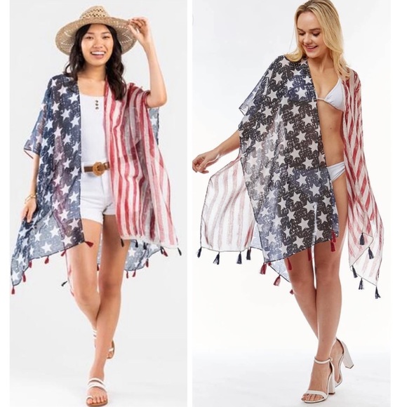 New America Print Boho Tassel Trim Contrast Red Blue Stripe Kimono Swim Cover Up - Picture 16 of 16